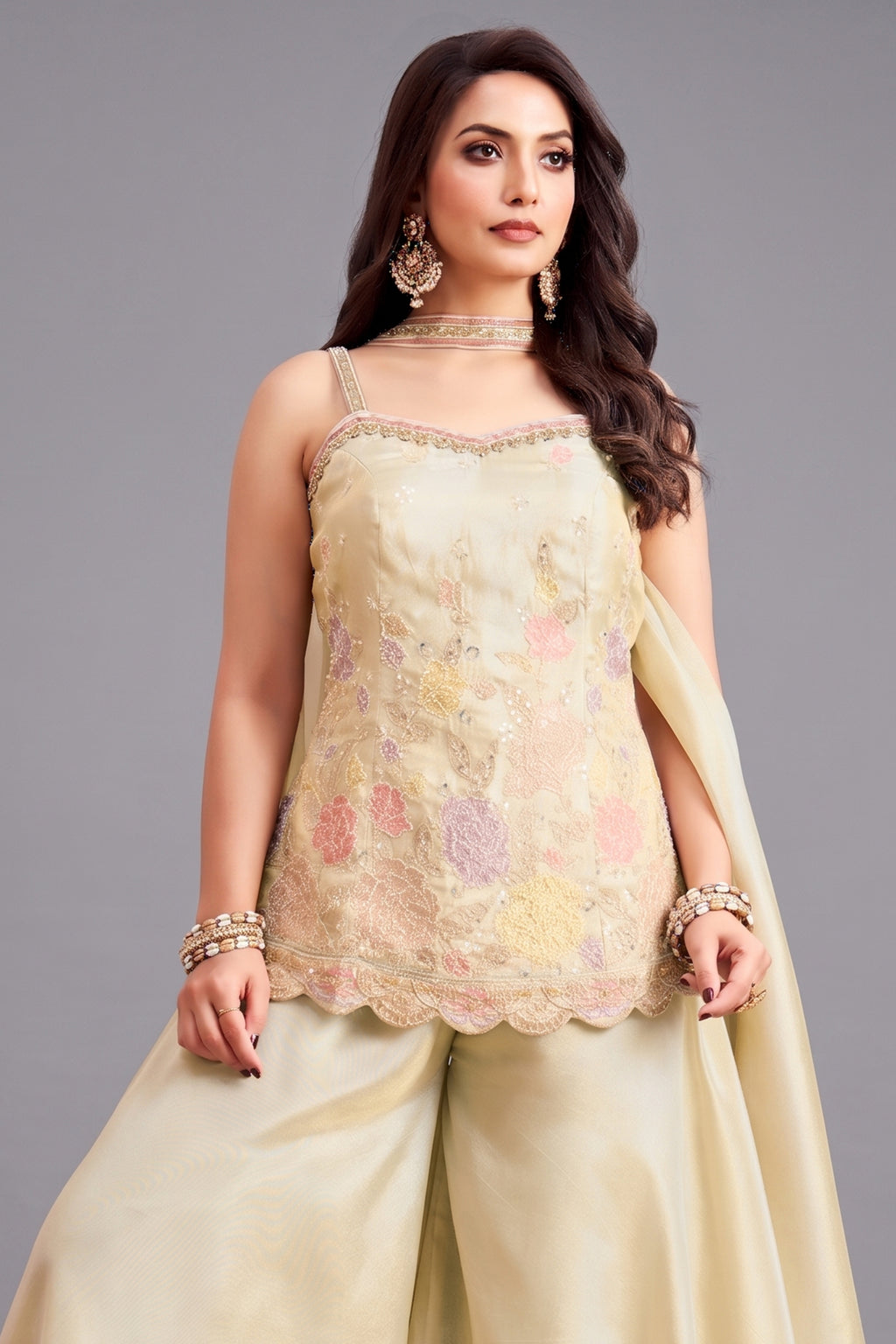 Cream Crepe Silk Beaded Floral Worked Palazzo Suit