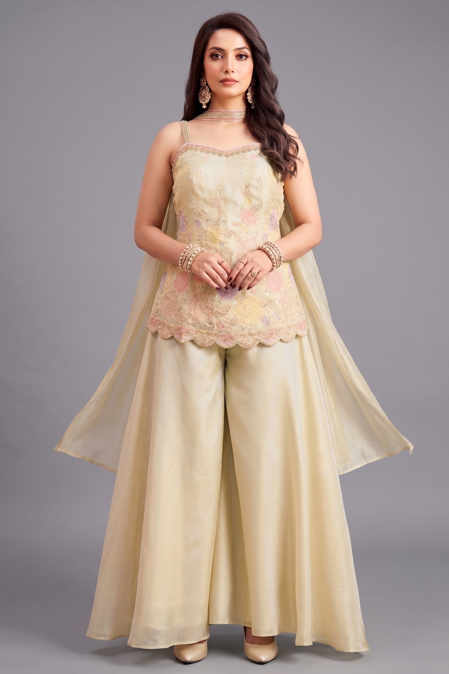 Cream Crepe Silk Beaded Floral Worked Palazzo Suit Main image