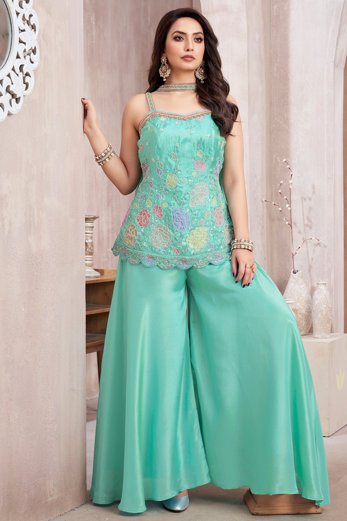 Firozi Crepe Silk Beaded Floral Worked Palazzo Suit