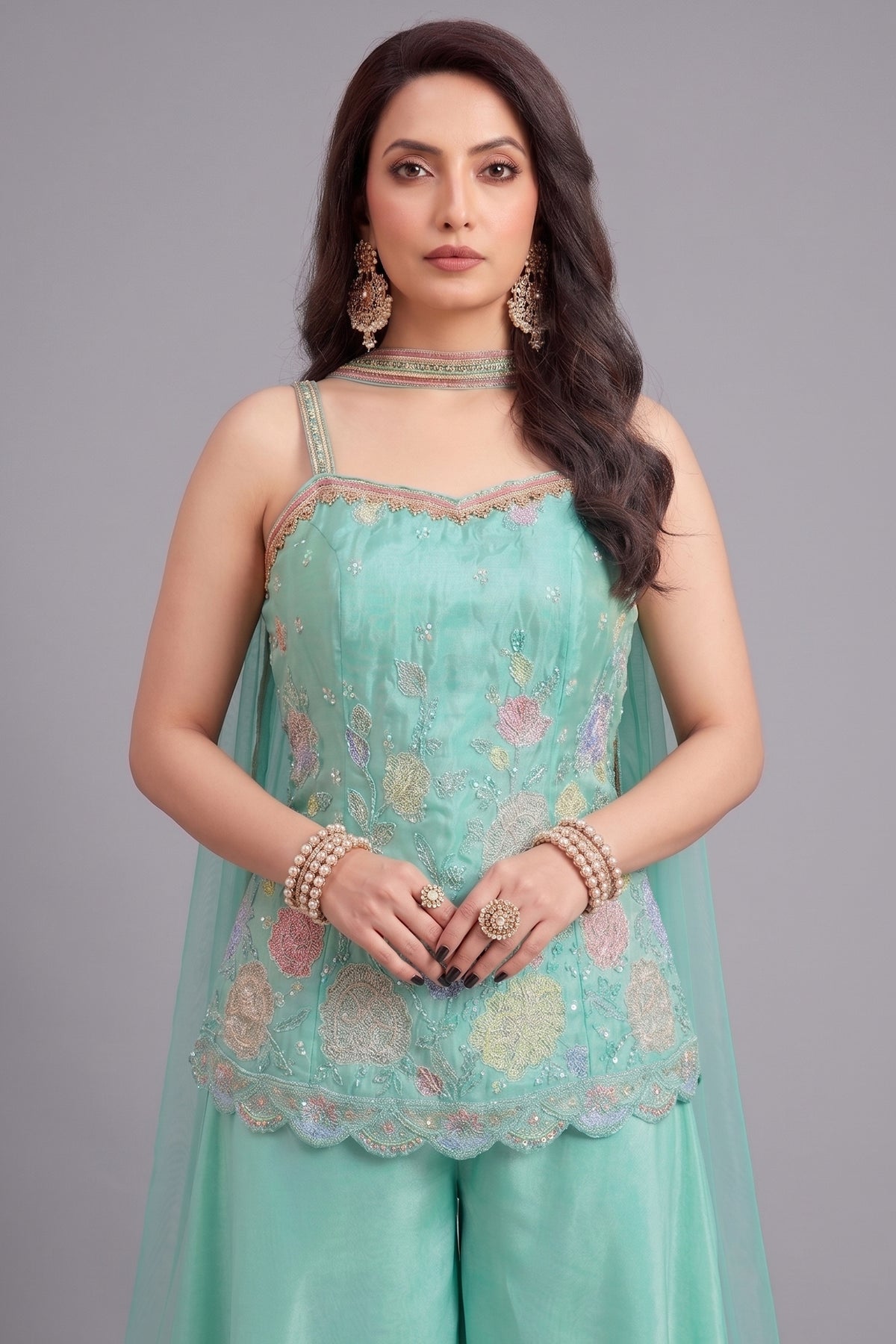 Firozi Crepe Silk Beaded Floral Worked Palazzo Suit