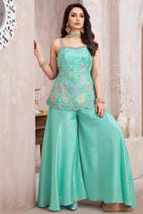 Firozi Crepe Silk Beaded Floral Worked Palazzo Suit