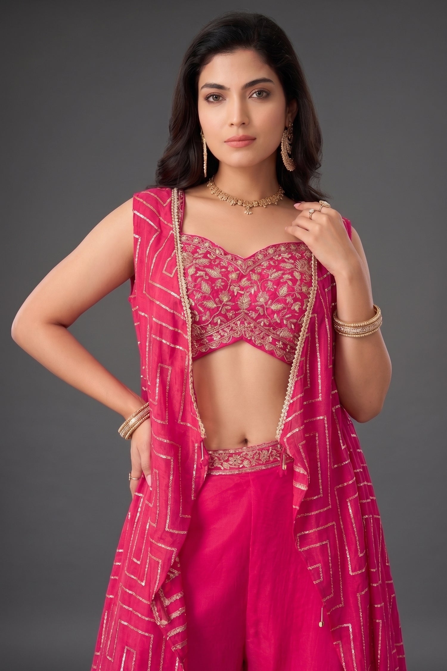 Pink Chinon Silk Crop Top Palazzo Set with Jacket Secondary image