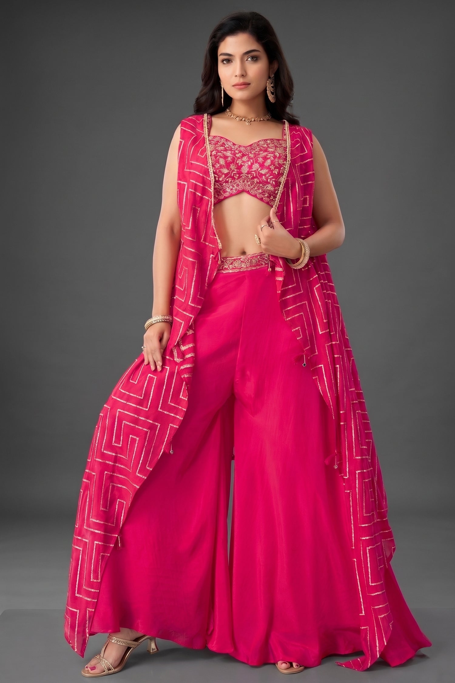 Pink Chinon Silk Crop Top Palazzo Set with Jacket Main image