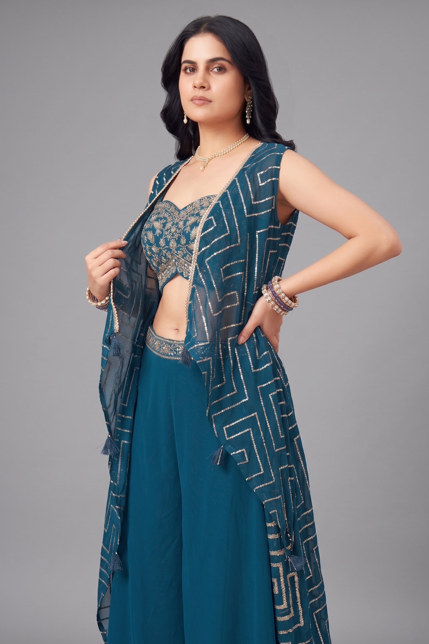 Rama Blue Chinon Silk Crop Top Palazzo Set with Jacket Secondary image