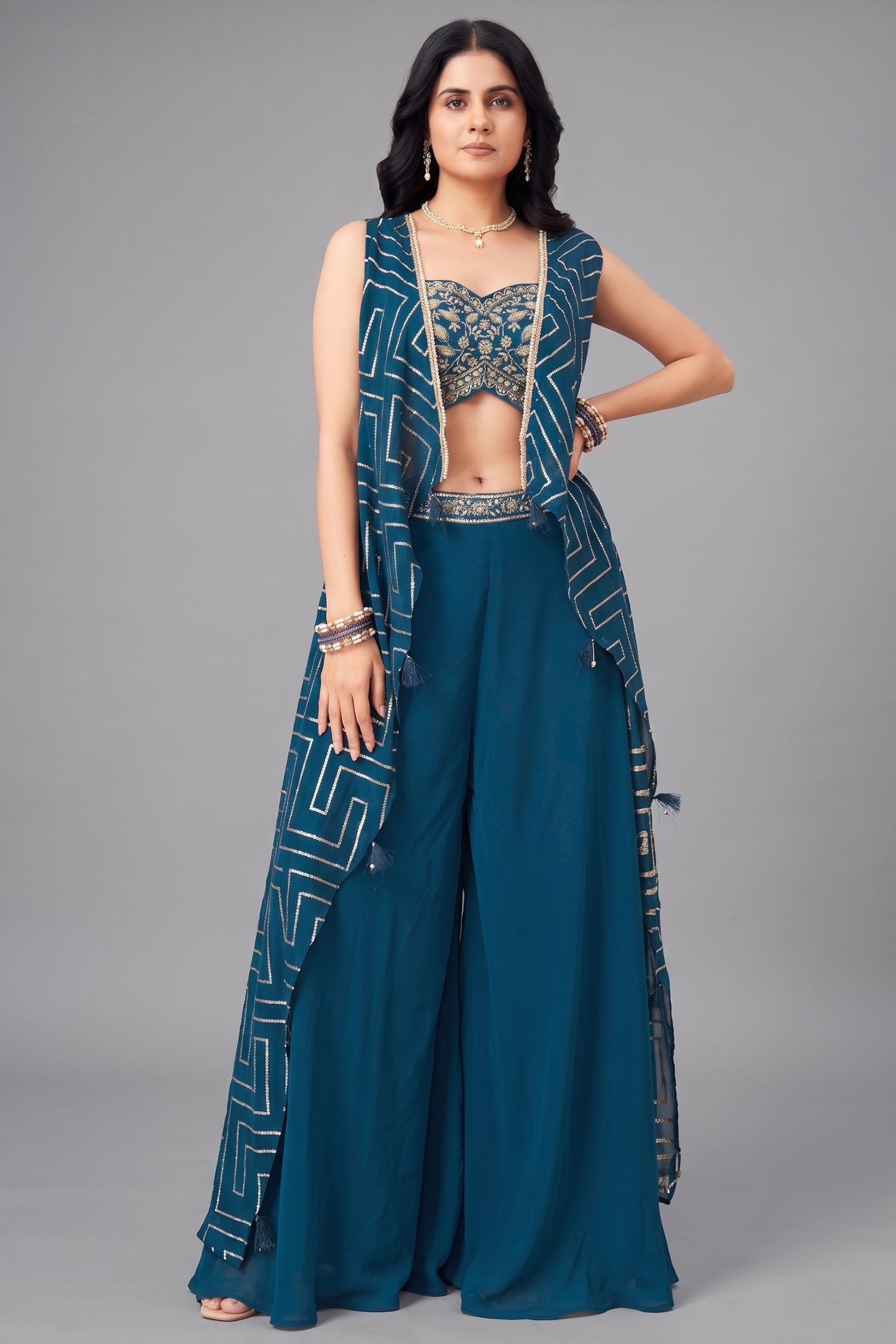 Rama Blue Chinon Silk Crop Top Palazzo Set with Jacket Main image