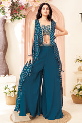 Rama Blue Chinon Silk Crop Top Palazzo Set with Jacket