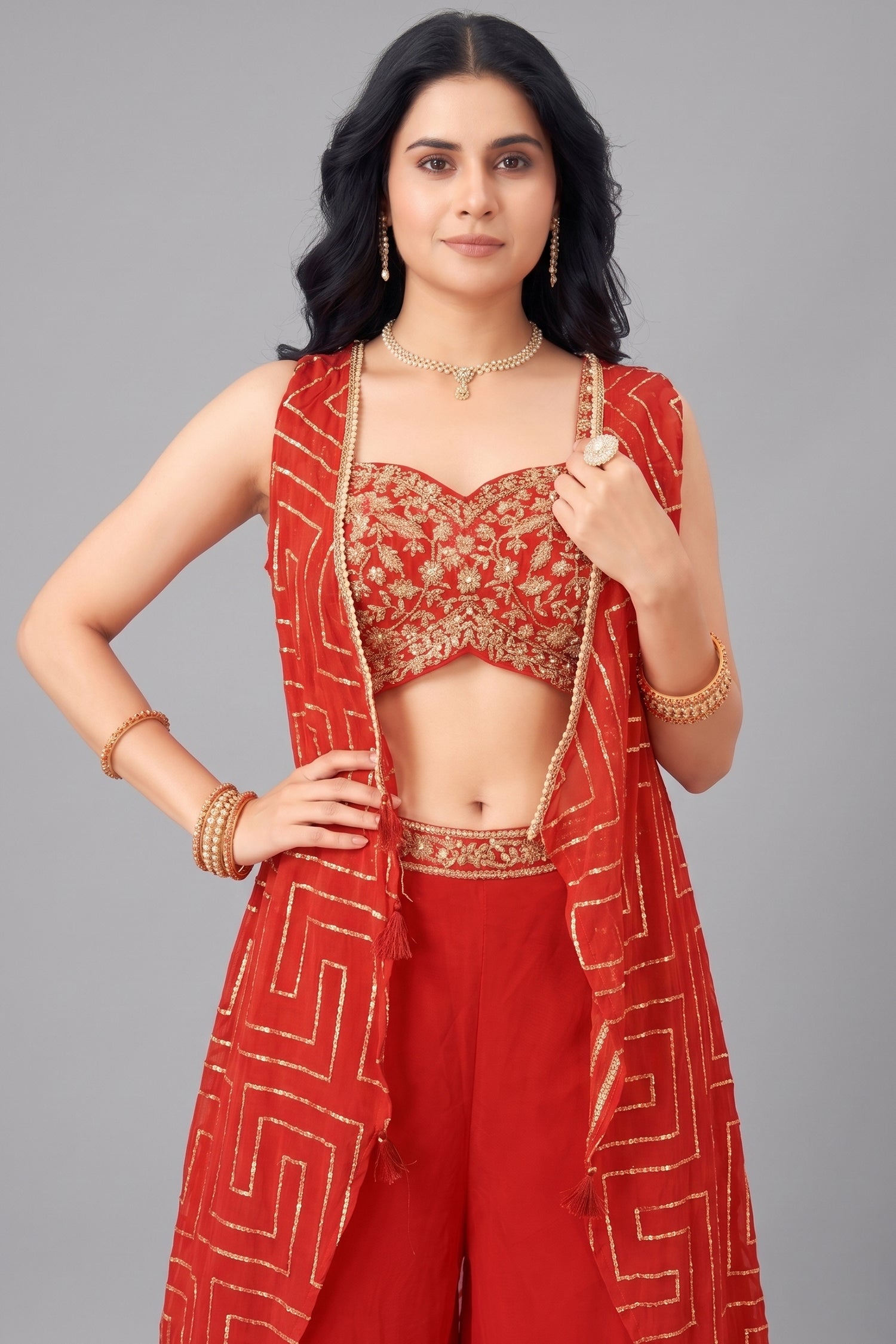 Orange Chinon Silk Crop Top Palazzo Set with Jacket