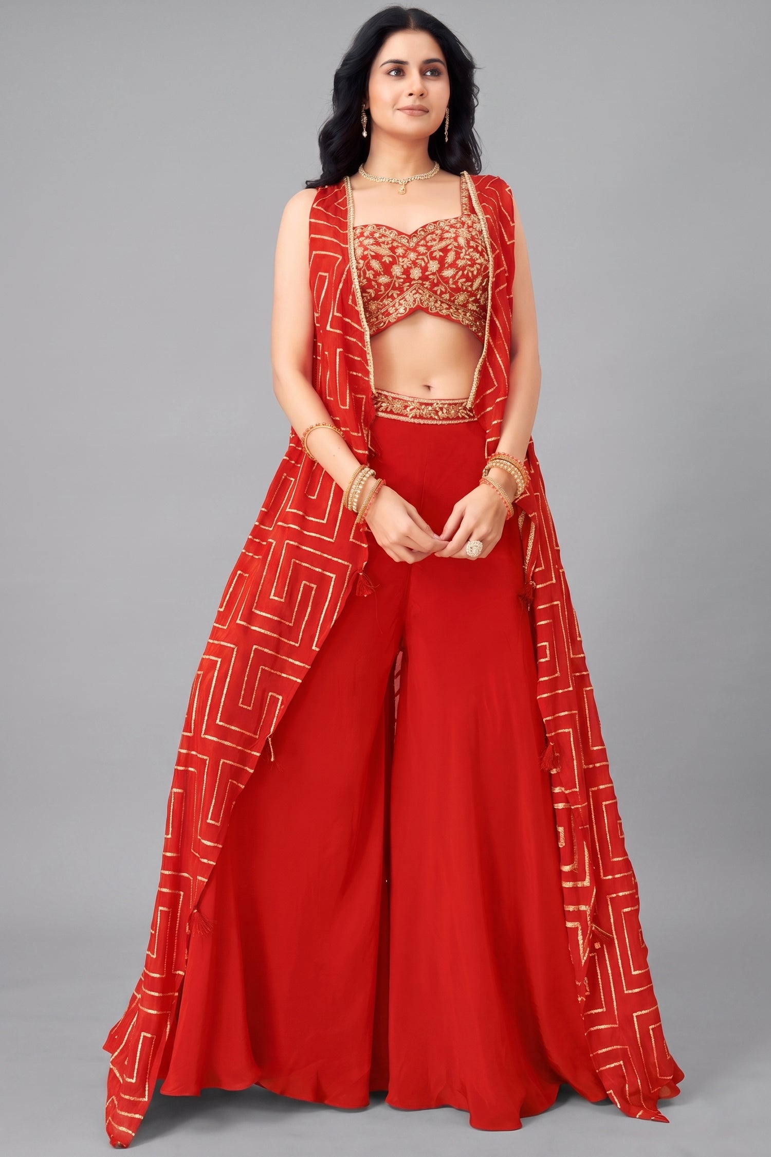 Orange Chinon Silk Crop Top Palazzo Set with Jacket Main image