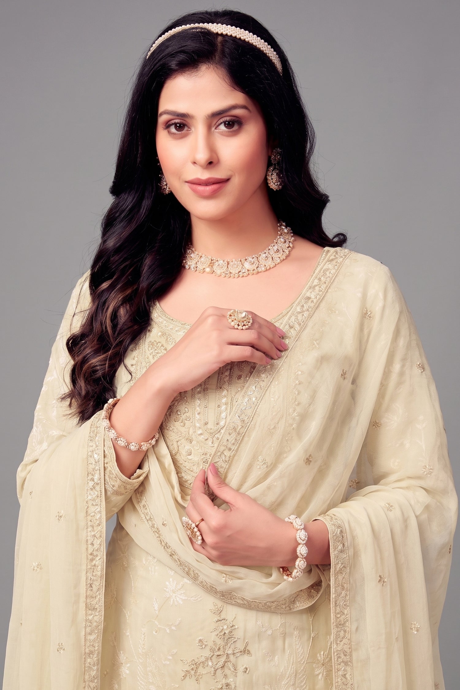 Cream Crepe Silk Sequin Embroidered Sharara Suit Secondary image