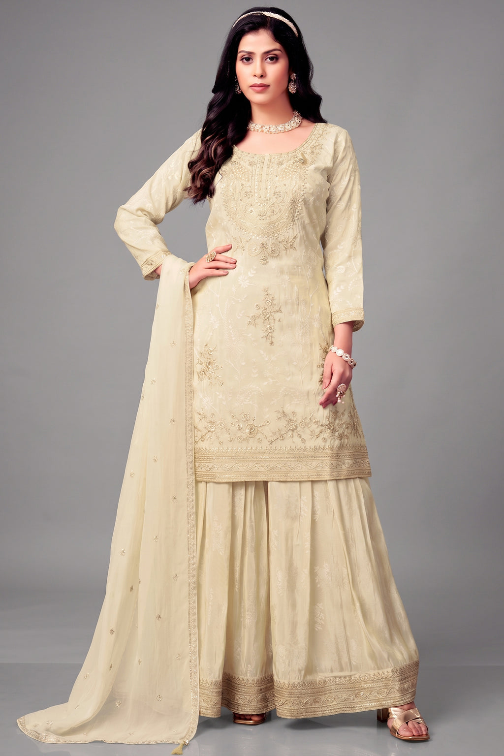 Cream Crepe Silk Sequin Embroidered Sharara Suit