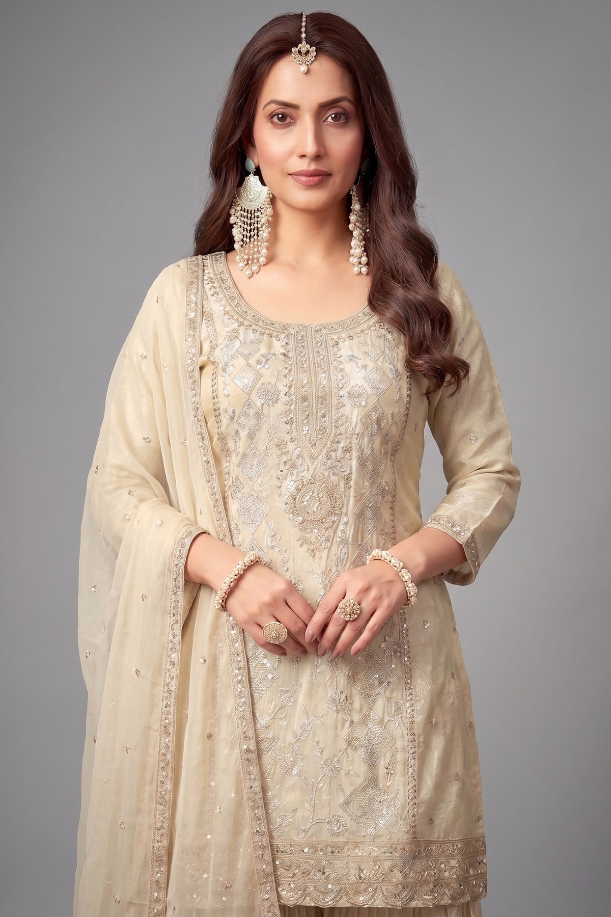 Cream Crepe Silk Sequin Embroidered Sharara Suit