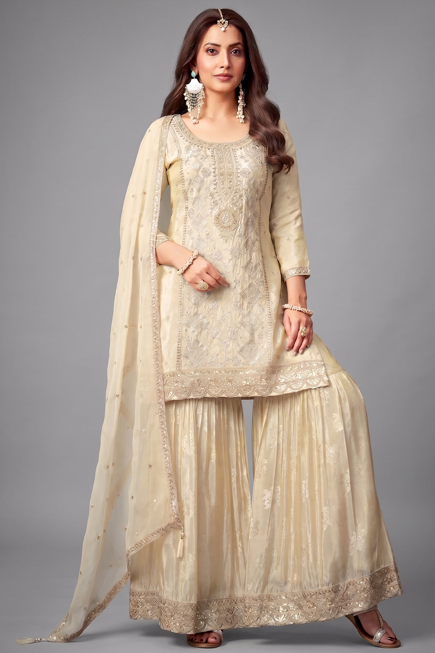 Cream Crepe Silk Sequin Embroidered Sharara Suit Main image