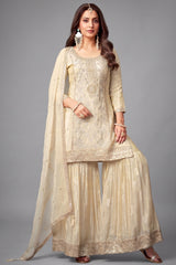 Cream Crepe Silk Sequin Embroidered Sharara Suit