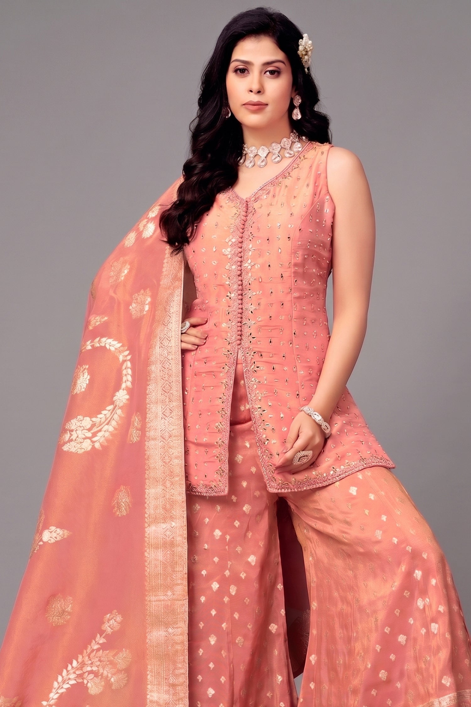 Coral Peach Tissue Silk Mirror Worked Palazzo Suit Secondary image