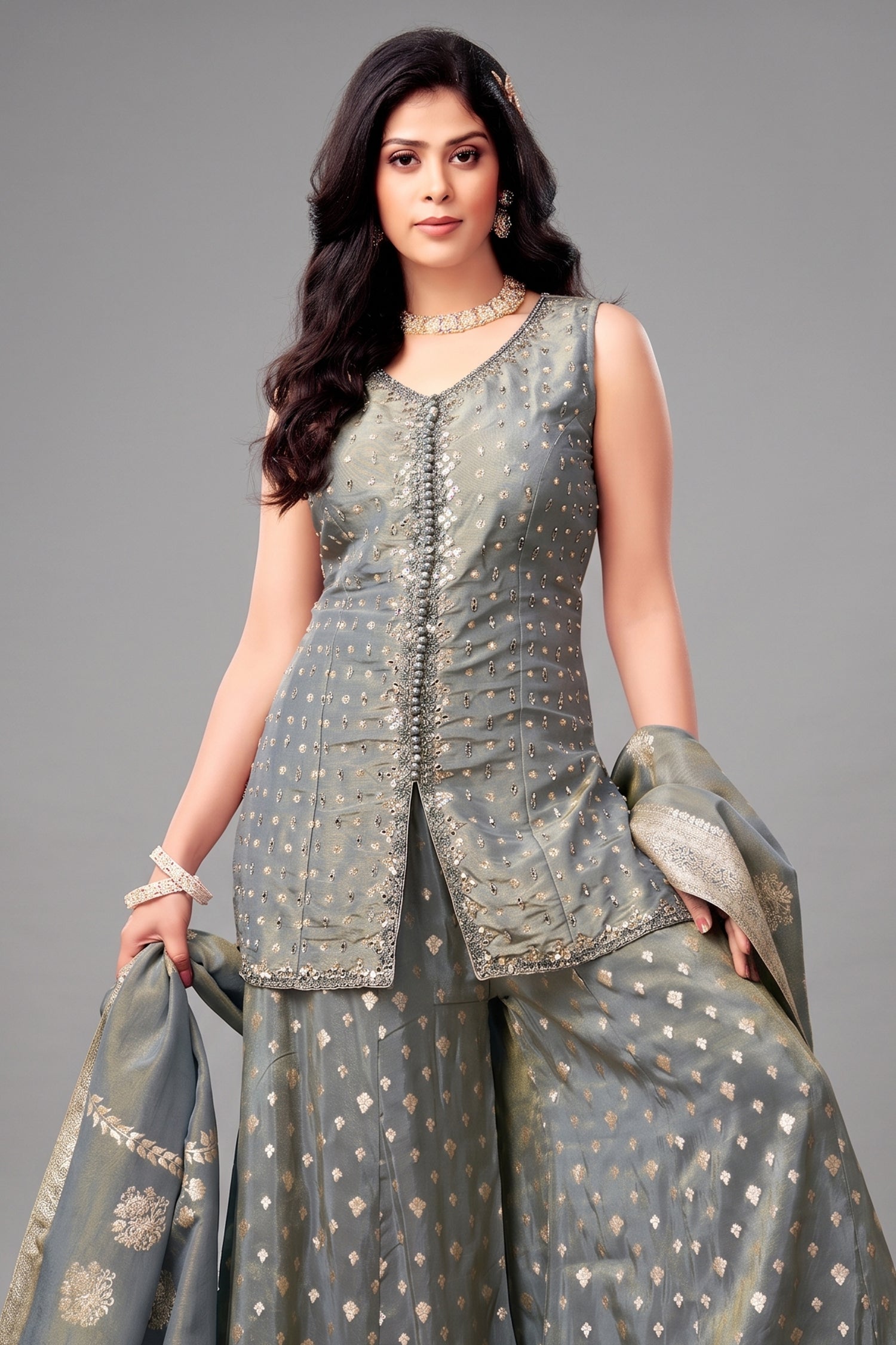 Grey Tissue Silk Mirror Worked Palazzo Suit Secondary image