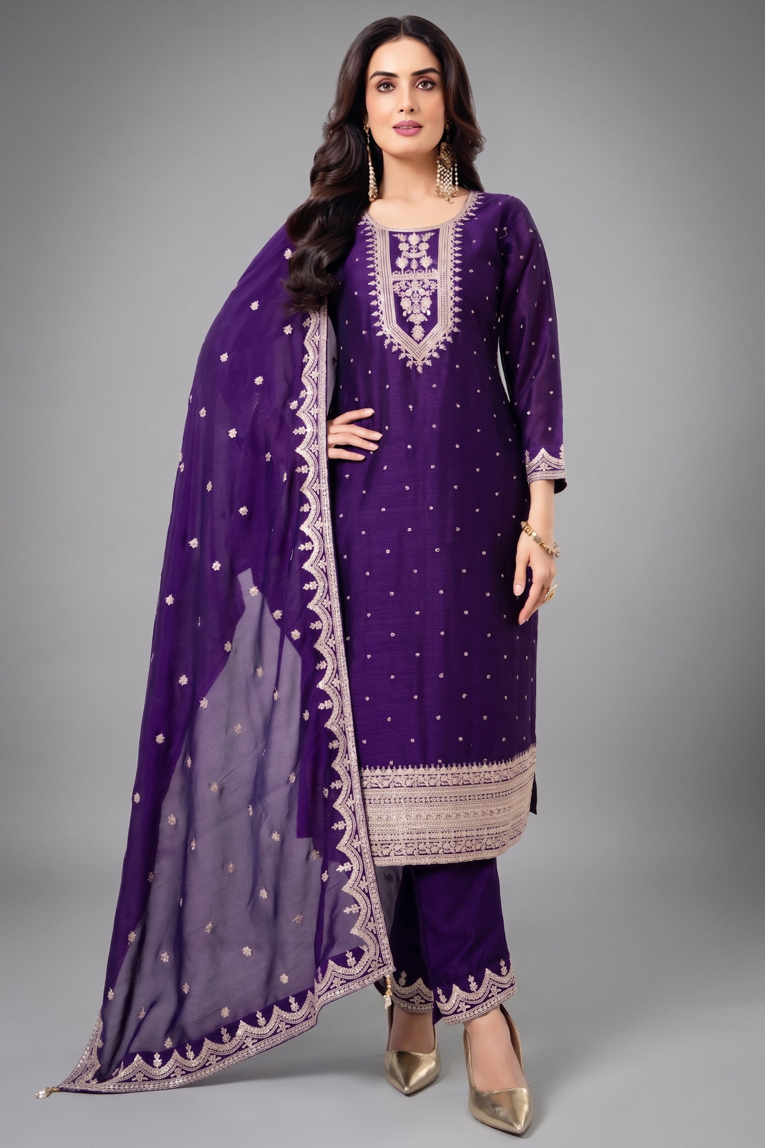Purple Art Silk Straight Cut Suit with Sequin and Embroidery Work Main image