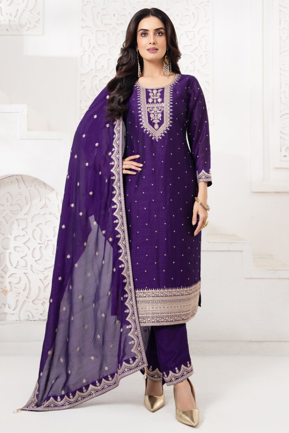 Purple Art Silk Straight Cut Suit with Sequin and Embroidery Work