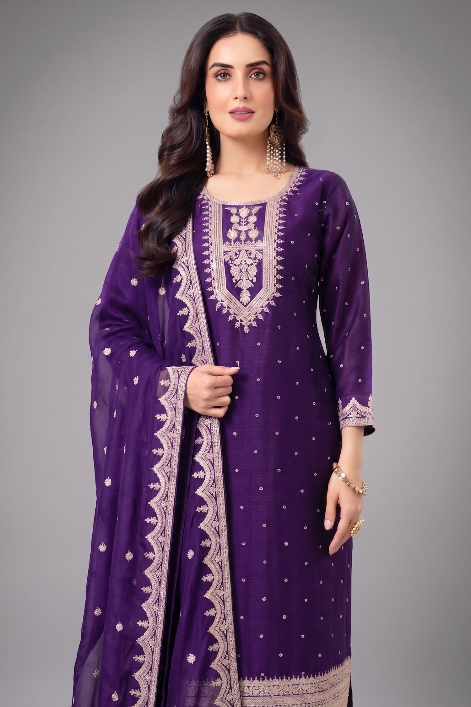 Purple Art Silk Straight Cut Suit with Sequin and Embroidery Work Secondary image
