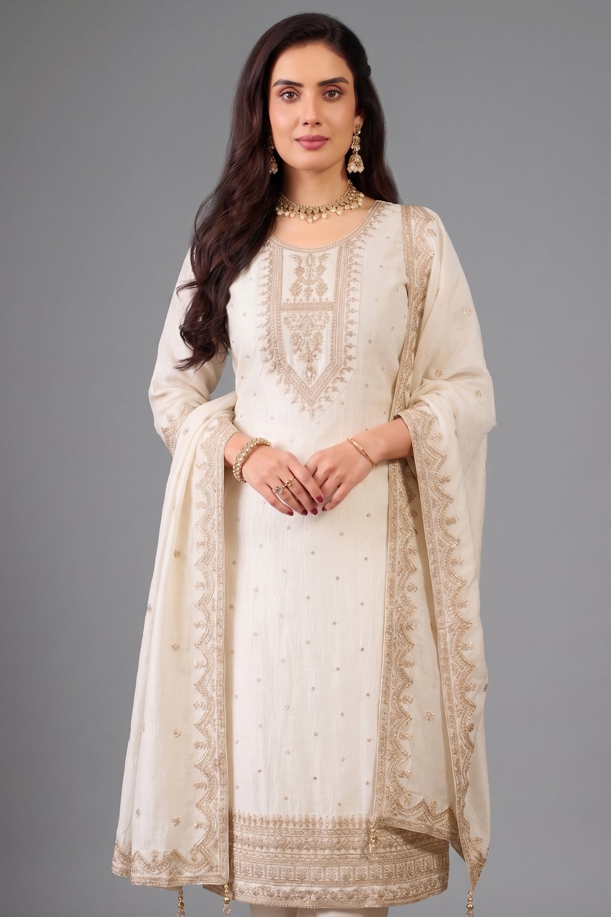 Pearl White Art Silk Straight Cut Suit with Sequin and Embroidery Work