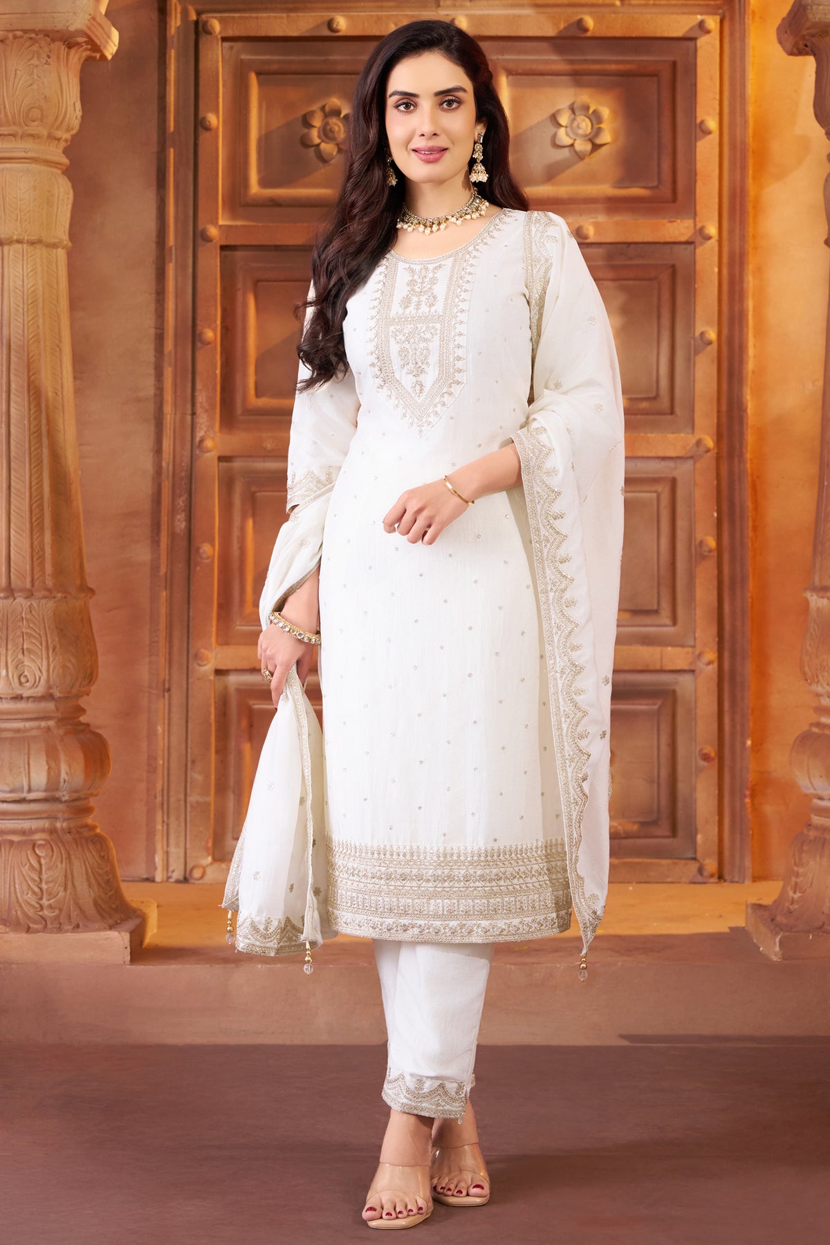 Pearl White Art Silk Straight Cut Suit with Sequin and Embroidery Work