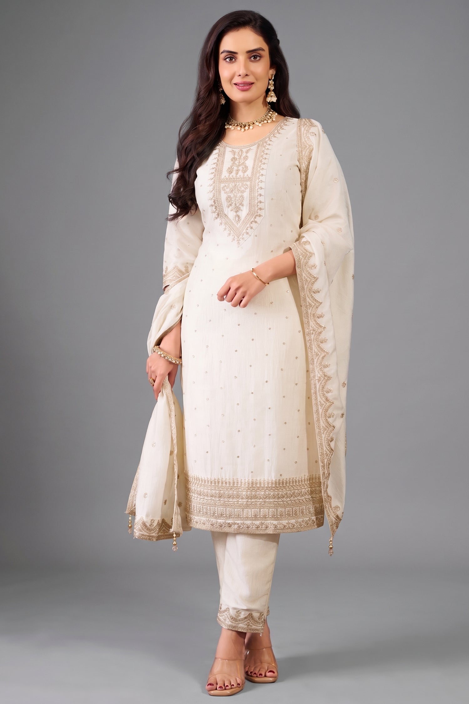 Pearl White Art Silk Straight Cut Suit with Sequin and Embroidery Work Main image