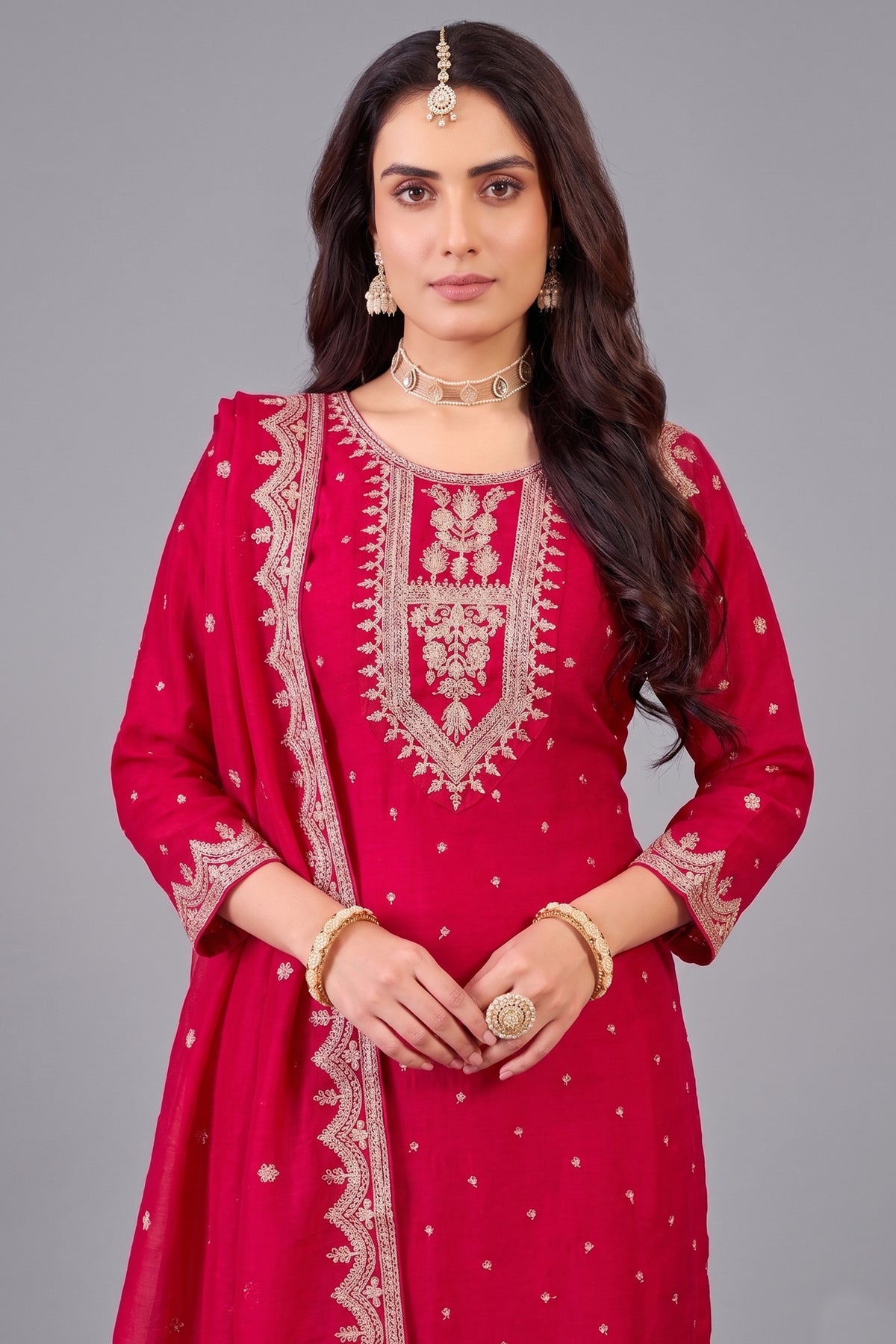 Rani Pink Art Silk Straight Cut Suit with Sequin and Embroidery Work