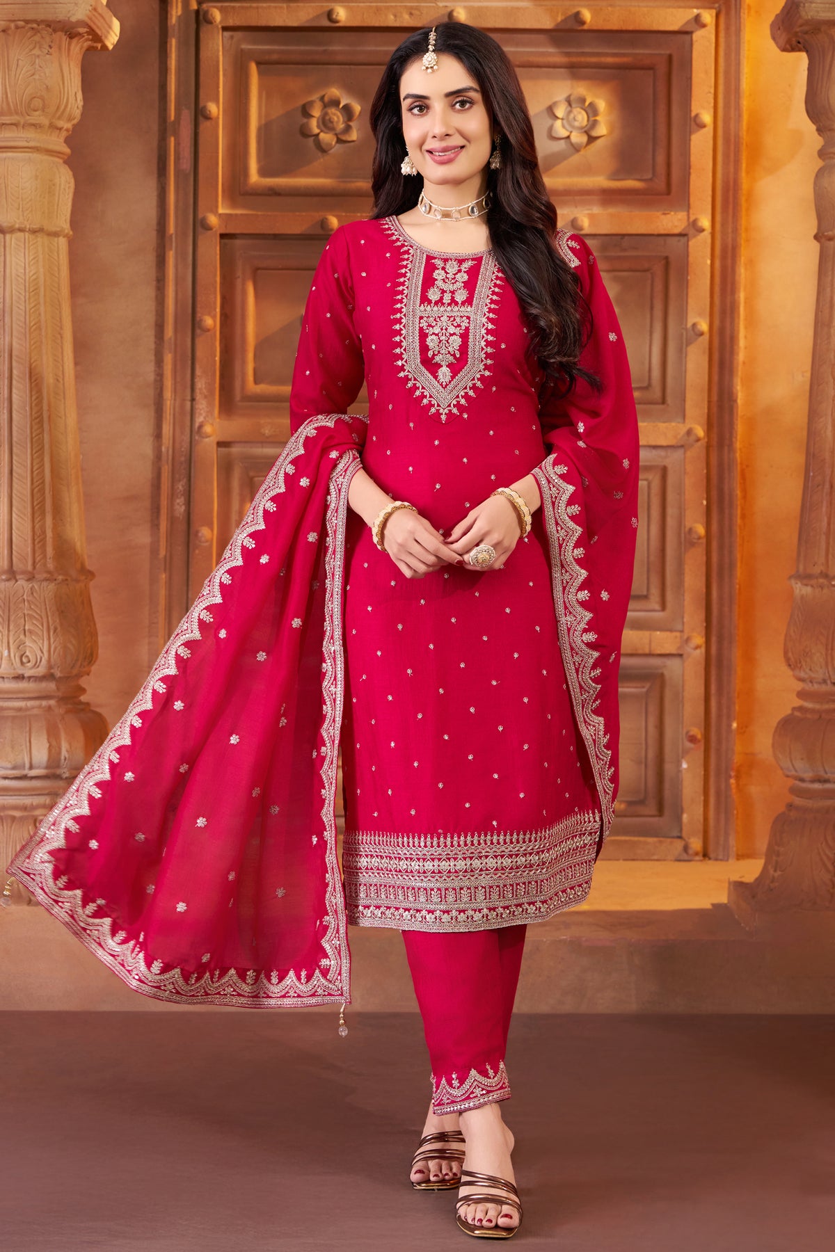 Rani Pink Art Silk Straight Cut Suit with Sequin and Embroidery Work