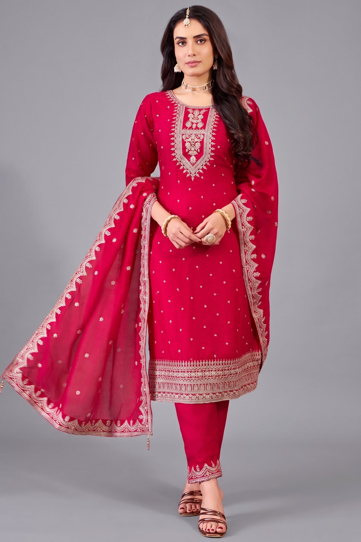 Rani Pink Art Silk Straight Cut Suit with Sequin and Embroidery Work Main image