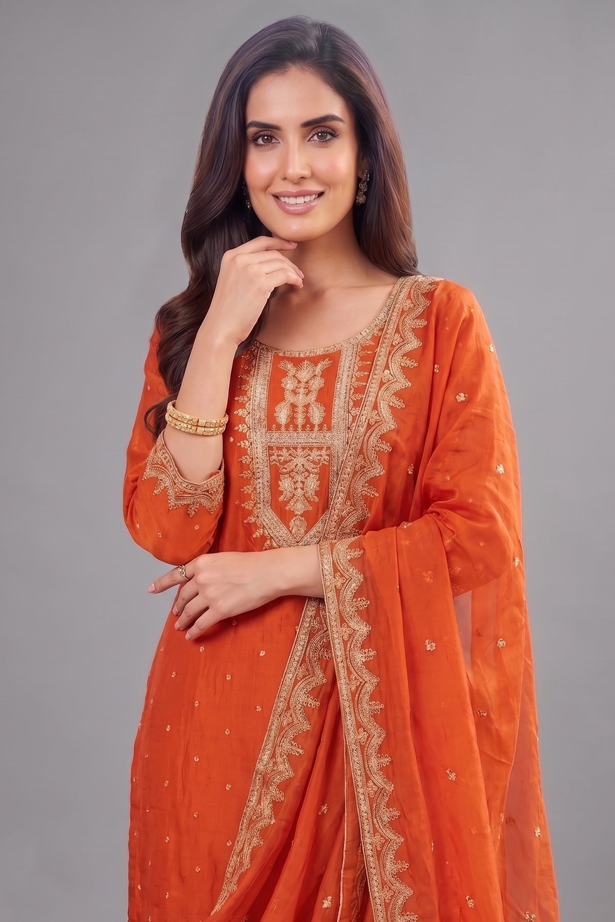 Orange Art Silk Straight Cut Suit with Sequin and Embroidery Work