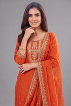 Orange Art Silk Straight Cut Suit with Sequin and Embroidery Work