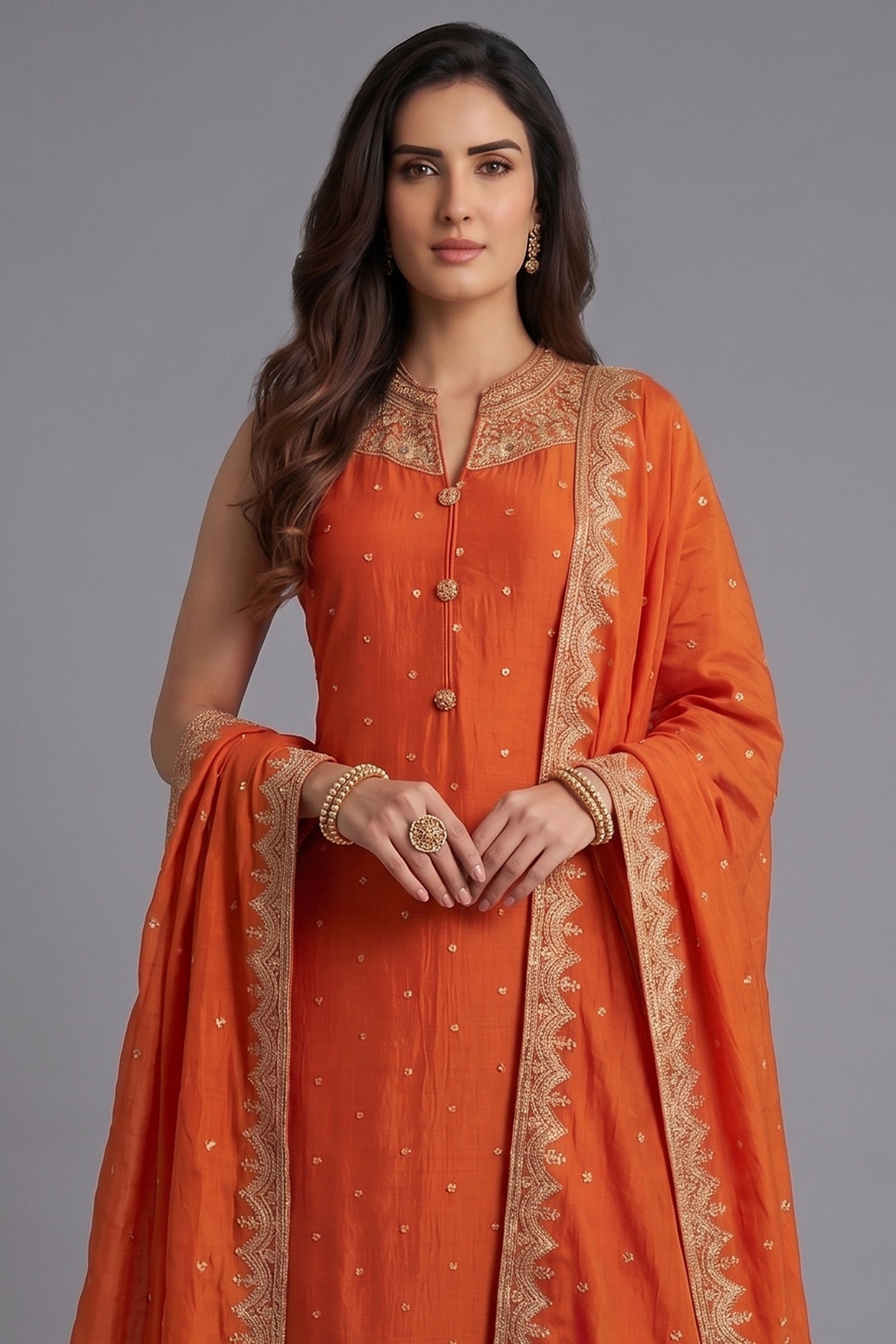 Orange Art Silk Straight Cut Suit with Sequin and Embroidery Work Secondary image