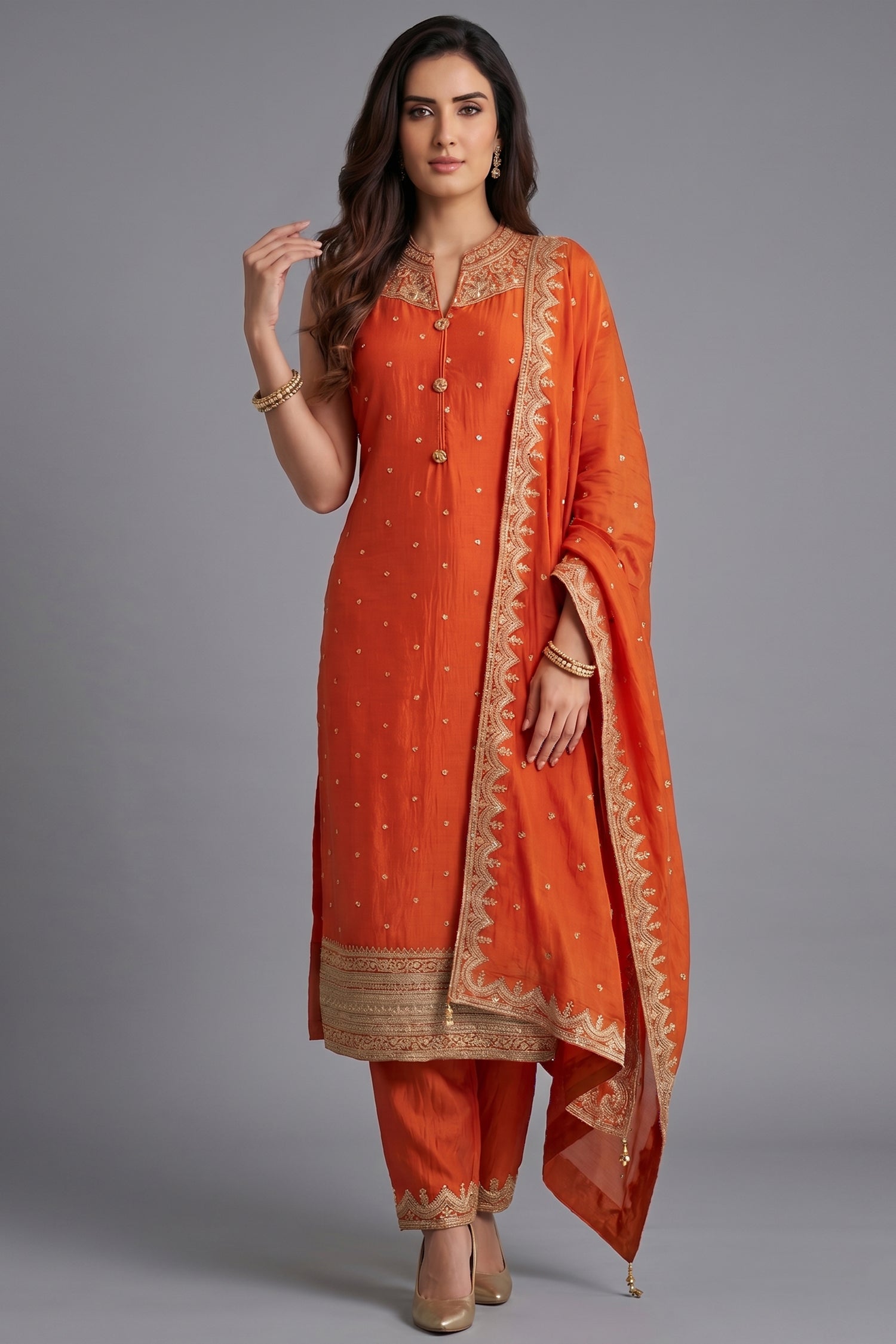 Orange Art Silk Straight Cut Suit with Sequin and Embroidery Work Main image