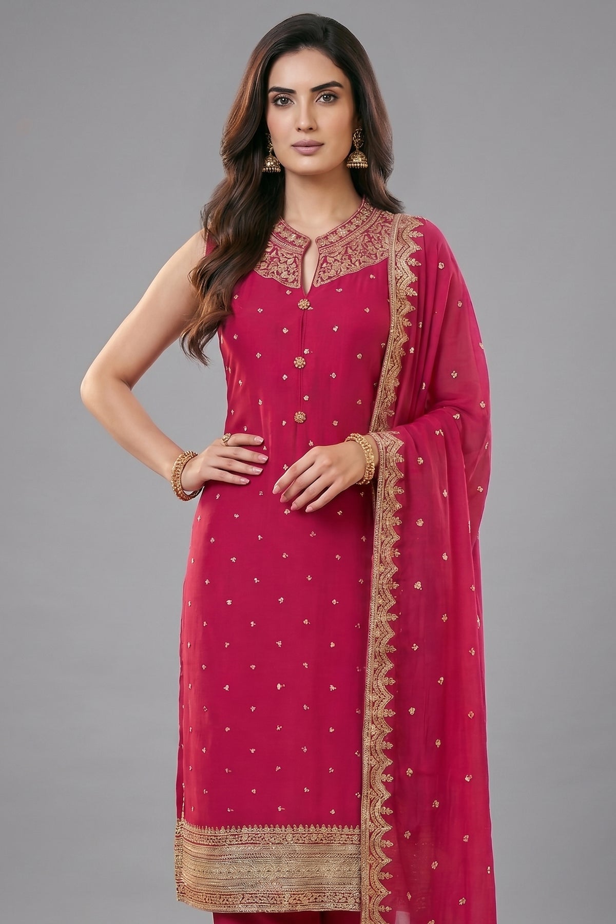 Rani Pink Art Silk Straight Cut Suit with Sequin and Embroidery Work