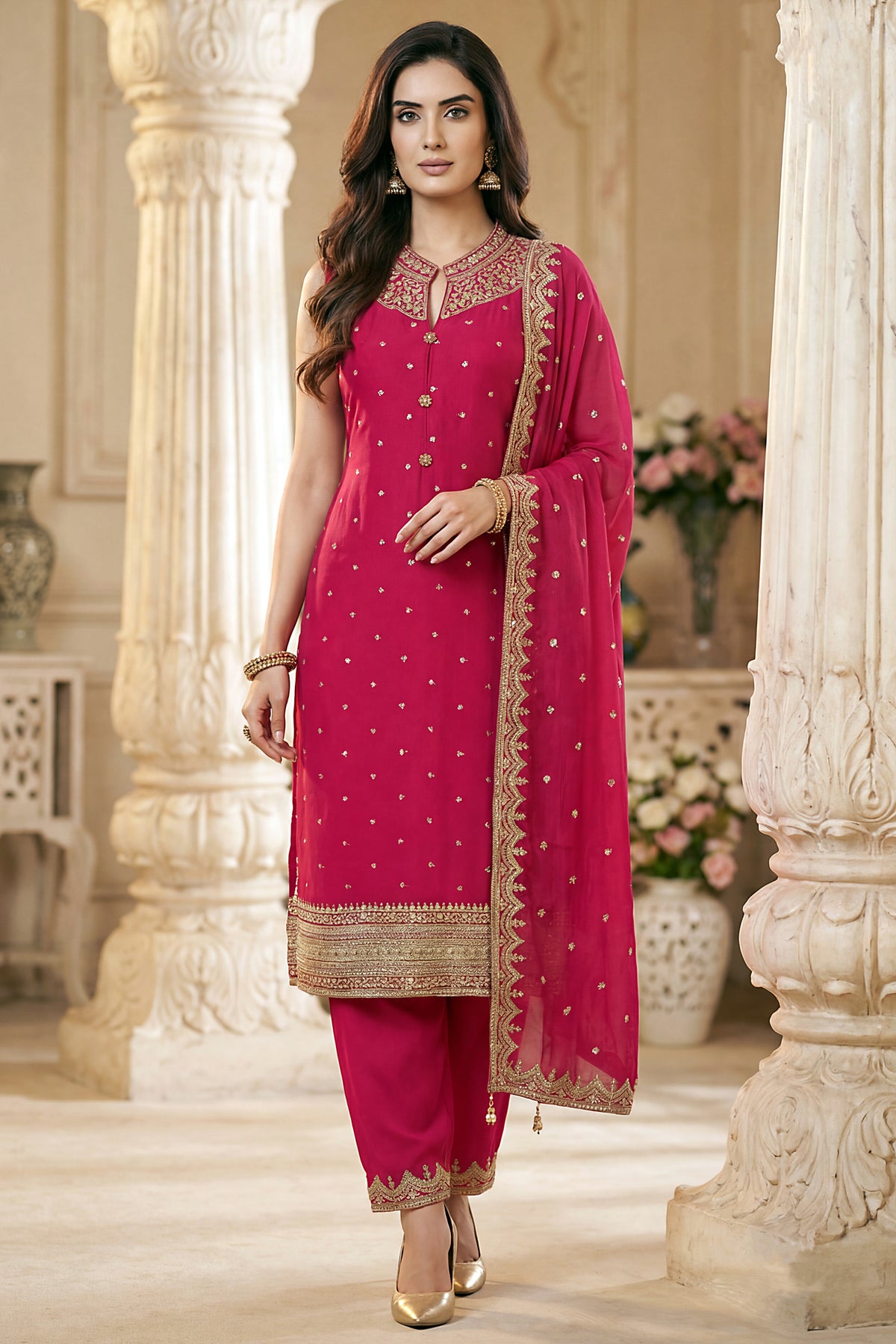 Rani Pink Art Silk Straight Cut Suit with Sequin and Embroidery Work