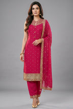 Rani Pink Art Silk Straight Cut Suit with Sequin and Embroidery Work
