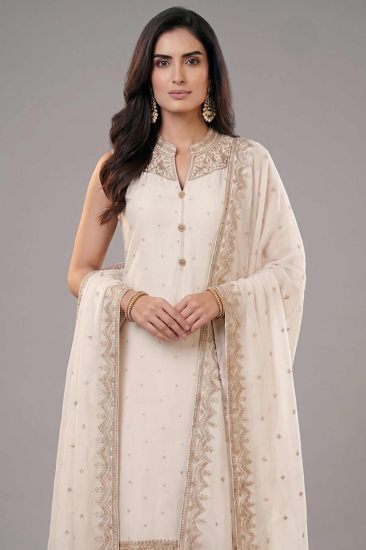 Pearl White Art Silk Straight Cut Suit with Sequin and Embroidery Work
