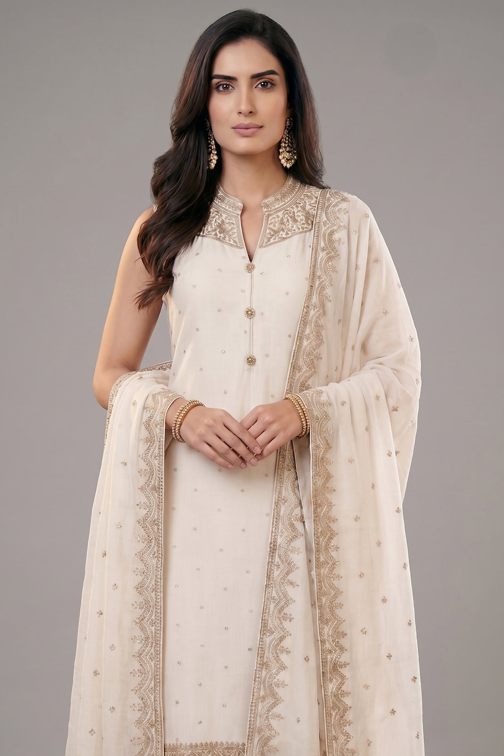 Pearl White Art Silk Straight Cut Suit with Sequin and Embroidery Work