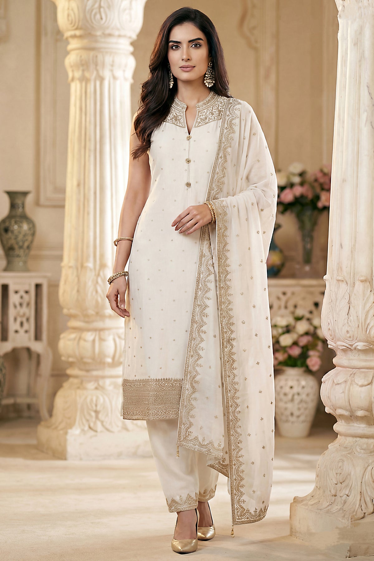 Pearl White Art Silk Straight Cut Suit with Sequin and Embroidery Work