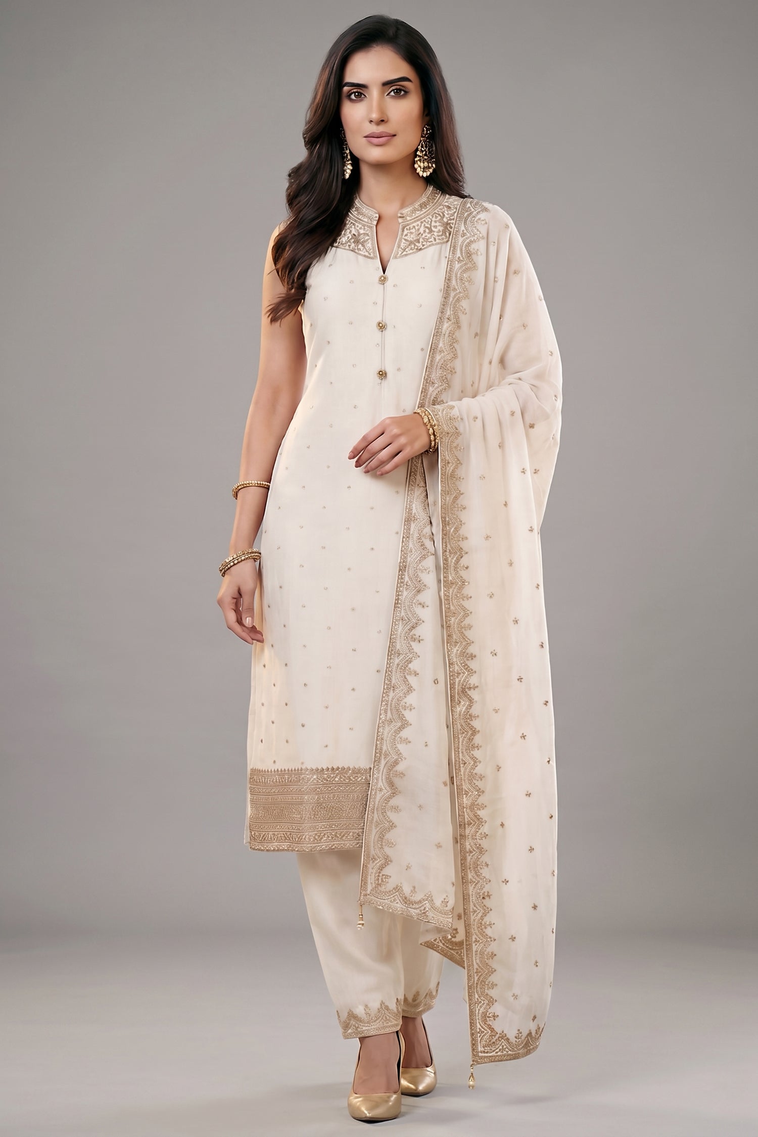 Pearl White Art Silk Straight Cut Suit with Sequin and Embroidery Work Main image