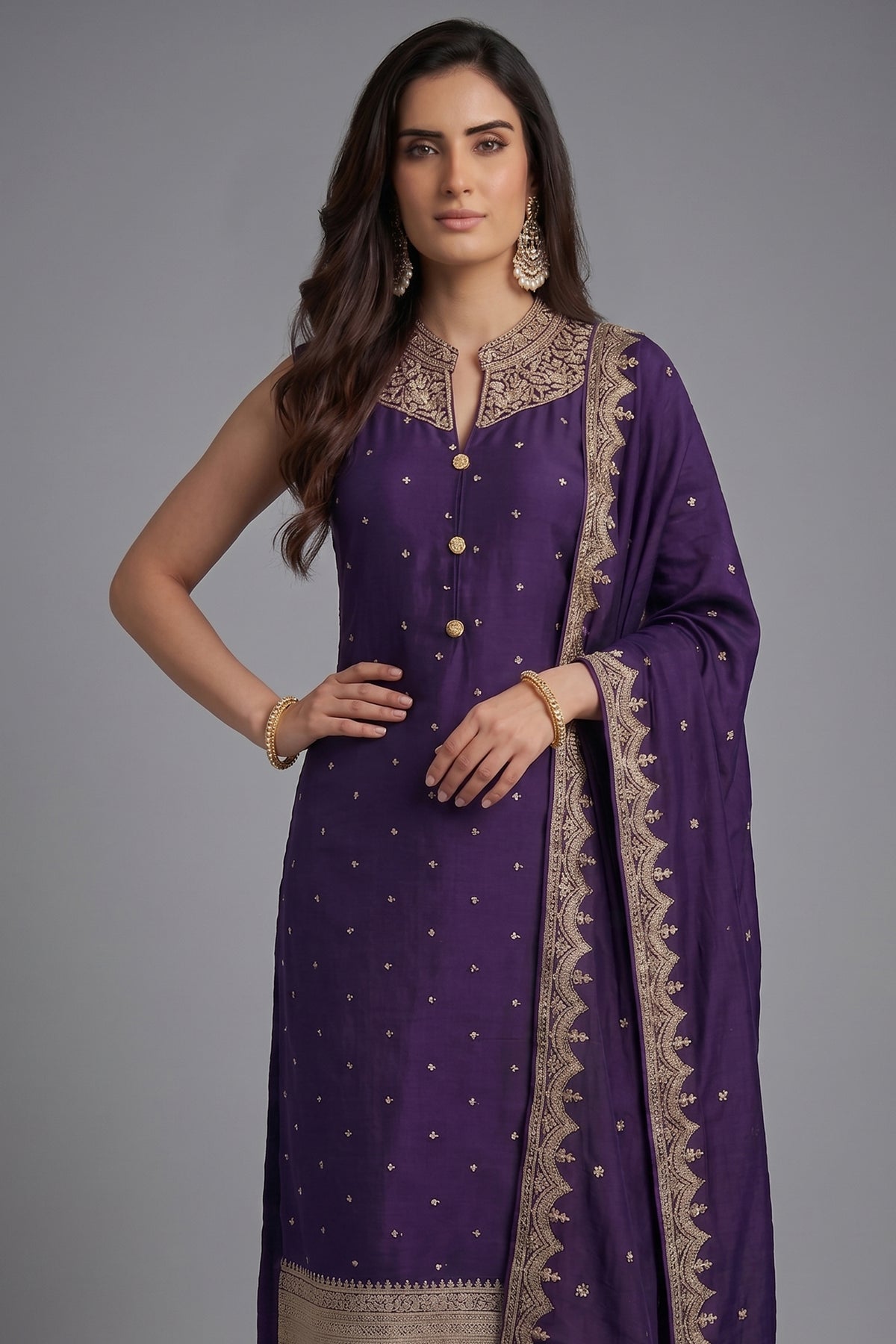 Purple Art Silk Straight Cut Suit with Sequin and Embroidery Work