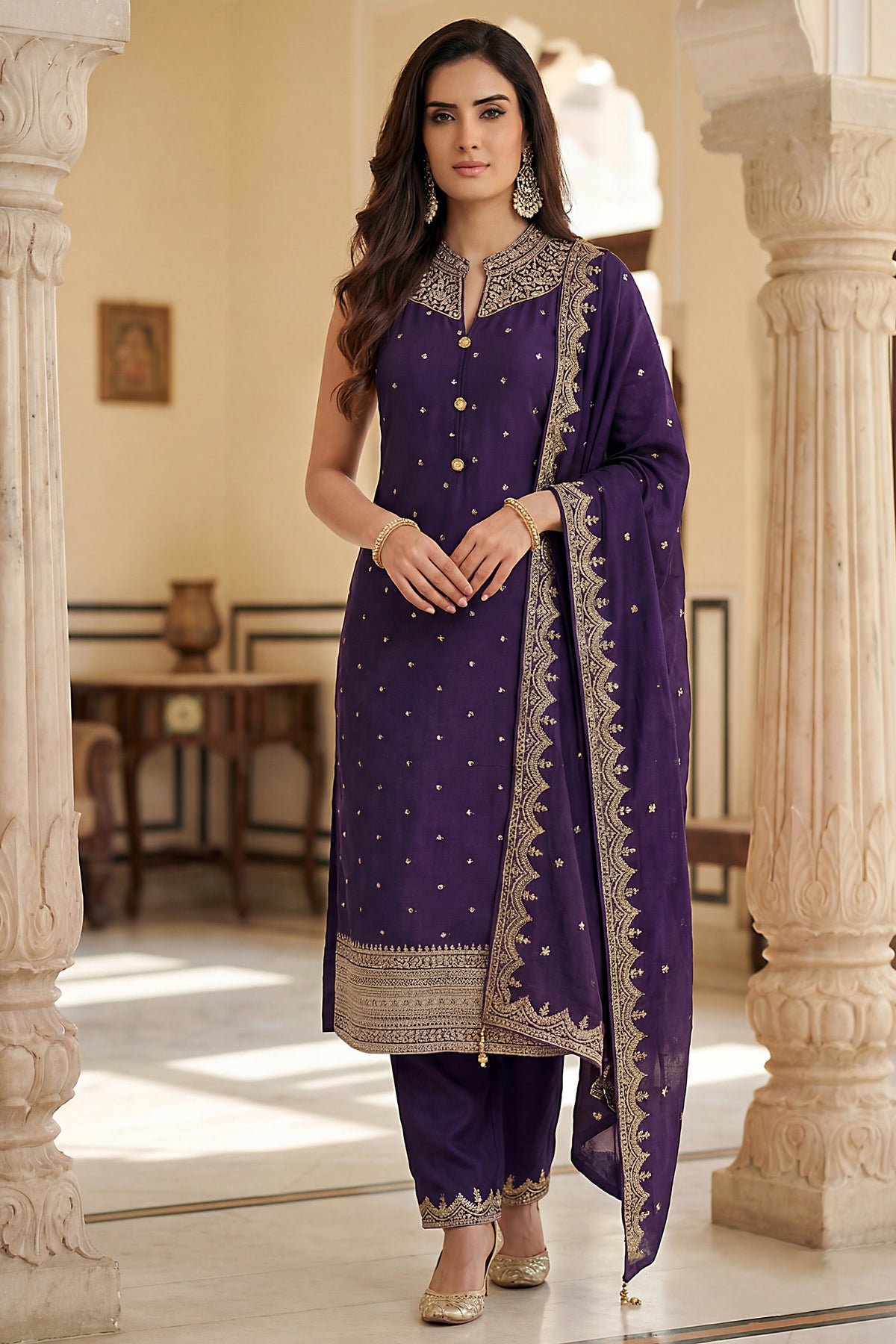 Purple Art Silk Straight Cut Suit with Sequin and Embroidery Work