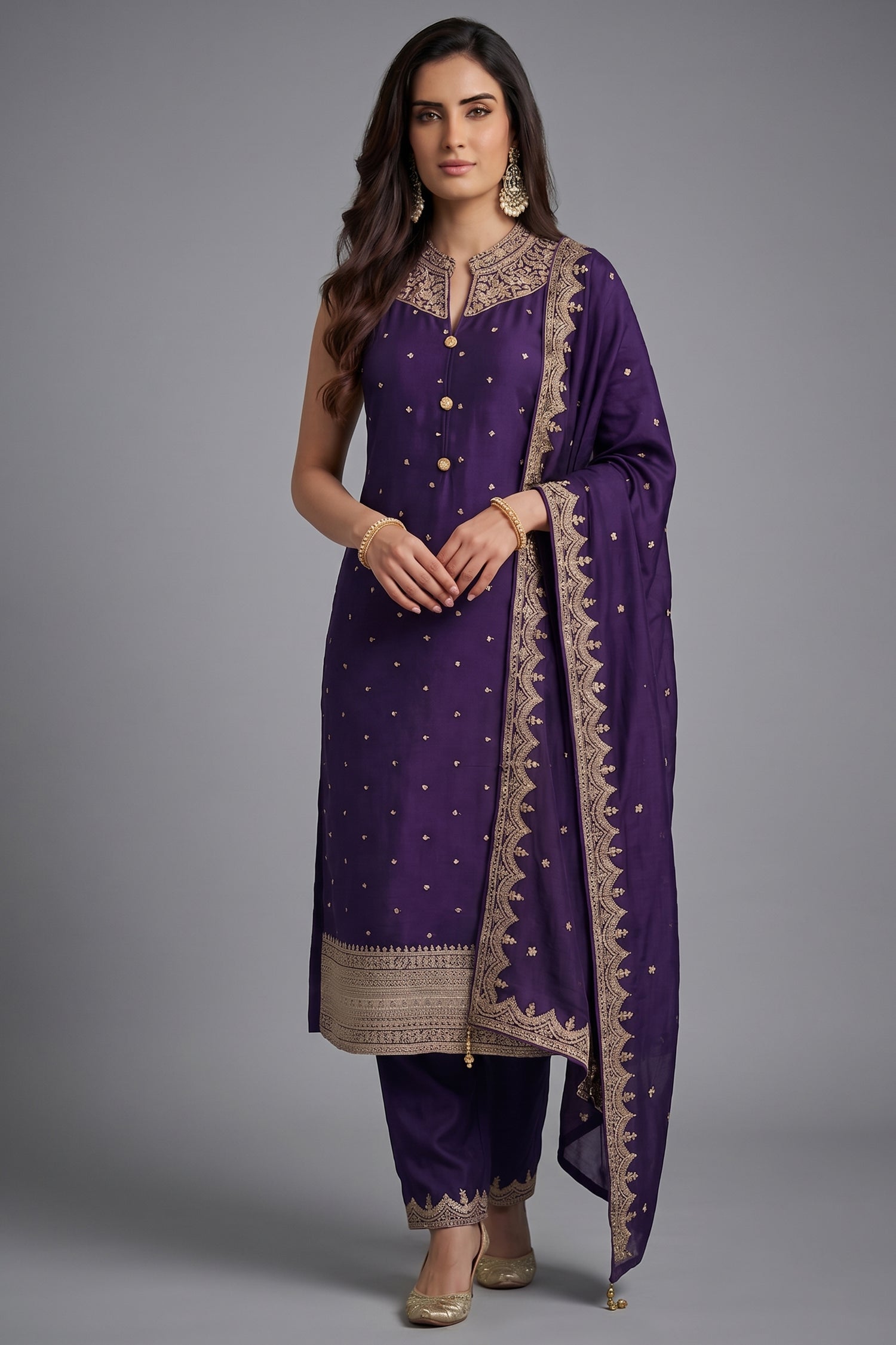 Purple Art Silk Straight Cut Suit with Sequin and Embroidery Work