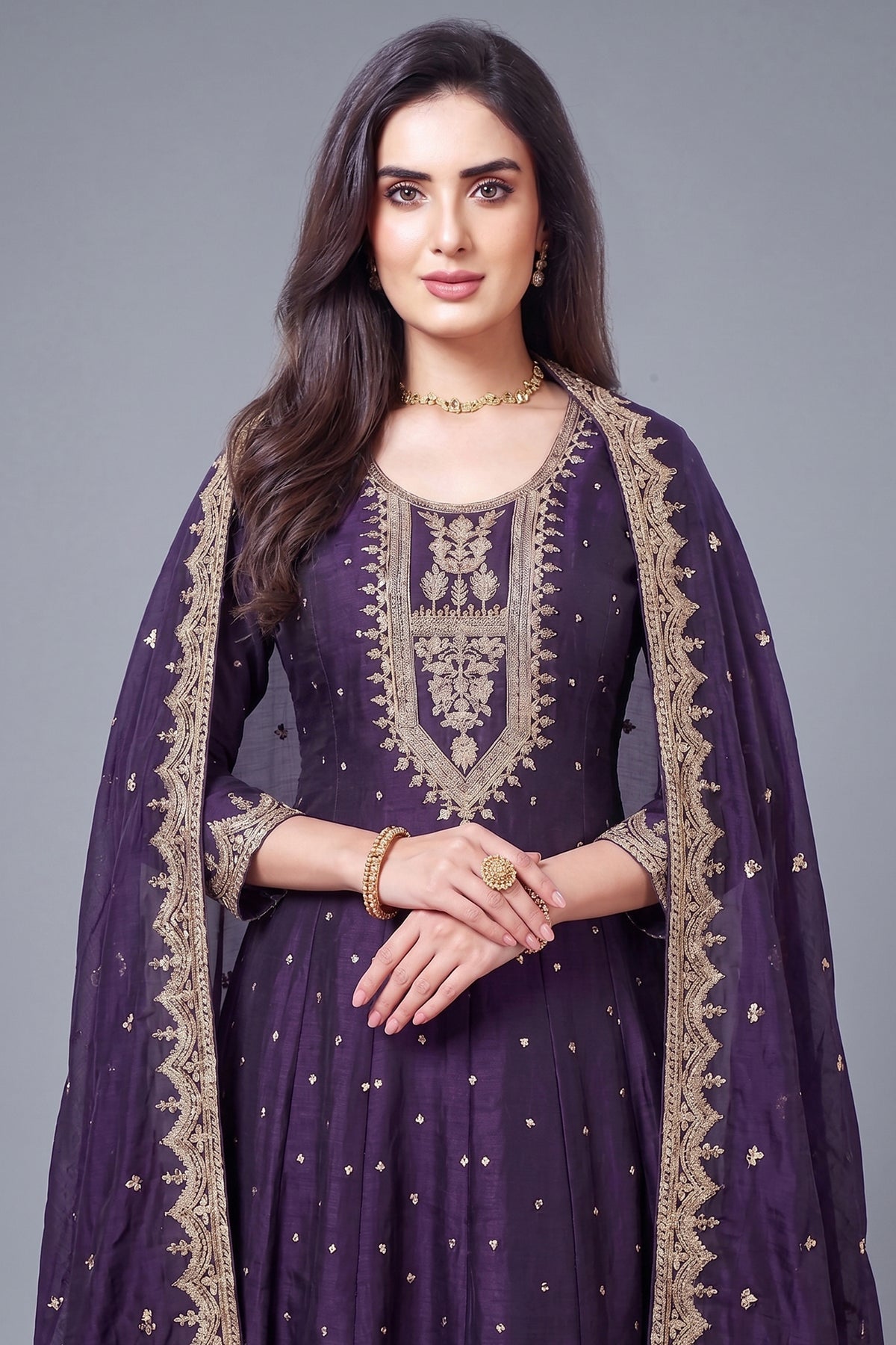 Purple Art Silk Anarkali Suit with Sequin and Embroidery Work
