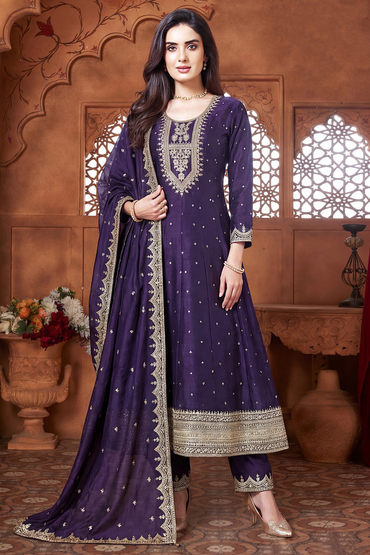 Purple Art Silk Anarkali Suit with Sequin and Embroidery Work