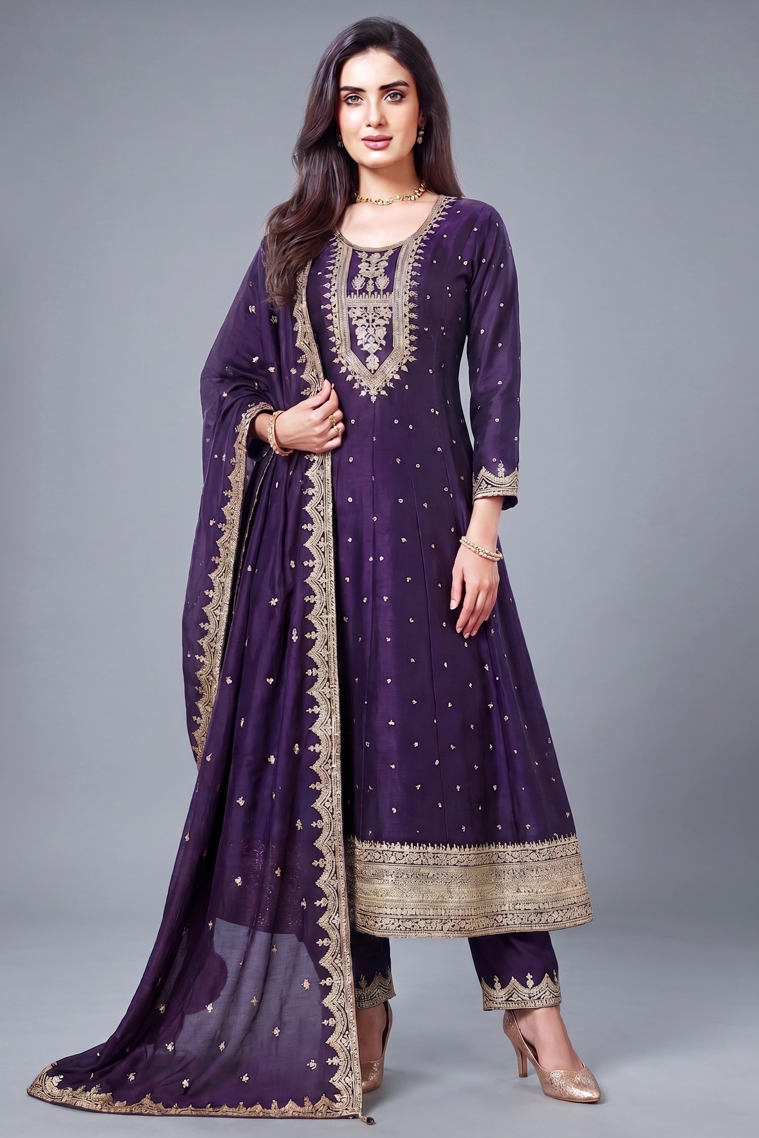 Purple Art Silk Anarkali Suit with Sequin and Embroidery Work Main image