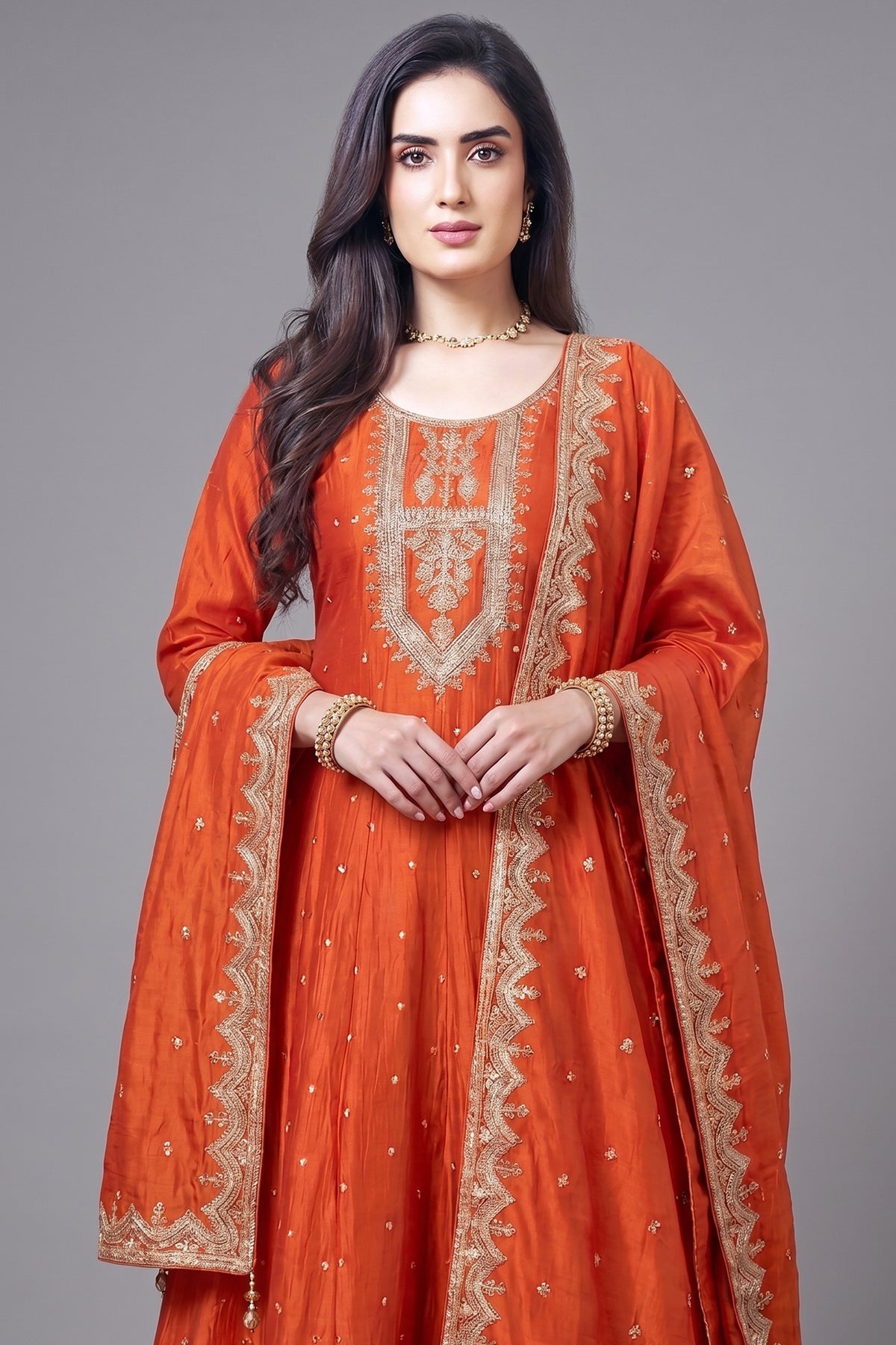 Orange Art Silk Anarkali Suit with Sequin and Embroidery Work