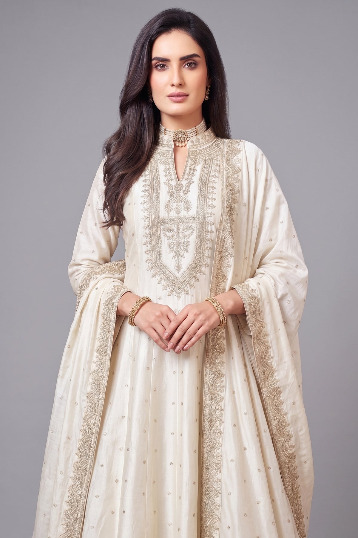 Pearl White Art Silk Anarkali Suit with Sequin and Embroidery Work