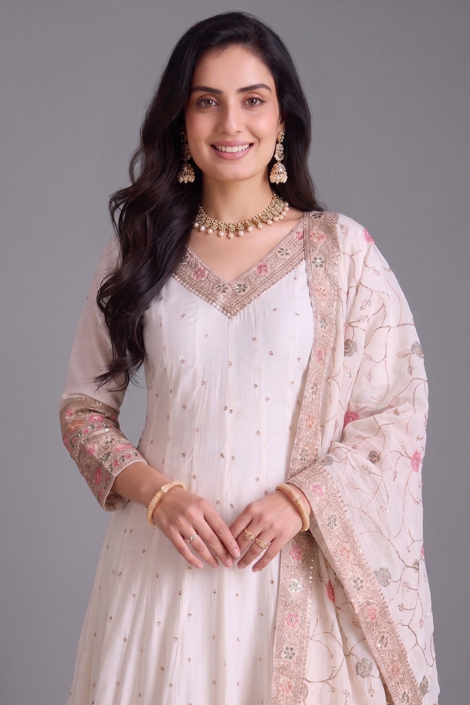 Pearl White Art Silk Anarkali Suit with Sequin and Embroidery Work