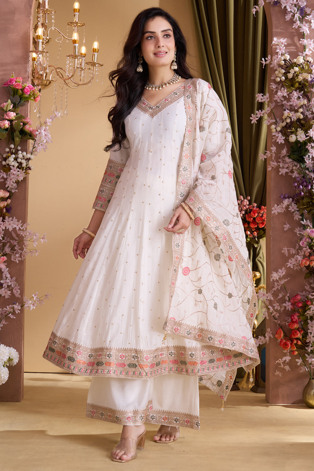 Pearl White Art Silk Anarkali Suit with Sequin and Embroidery Work