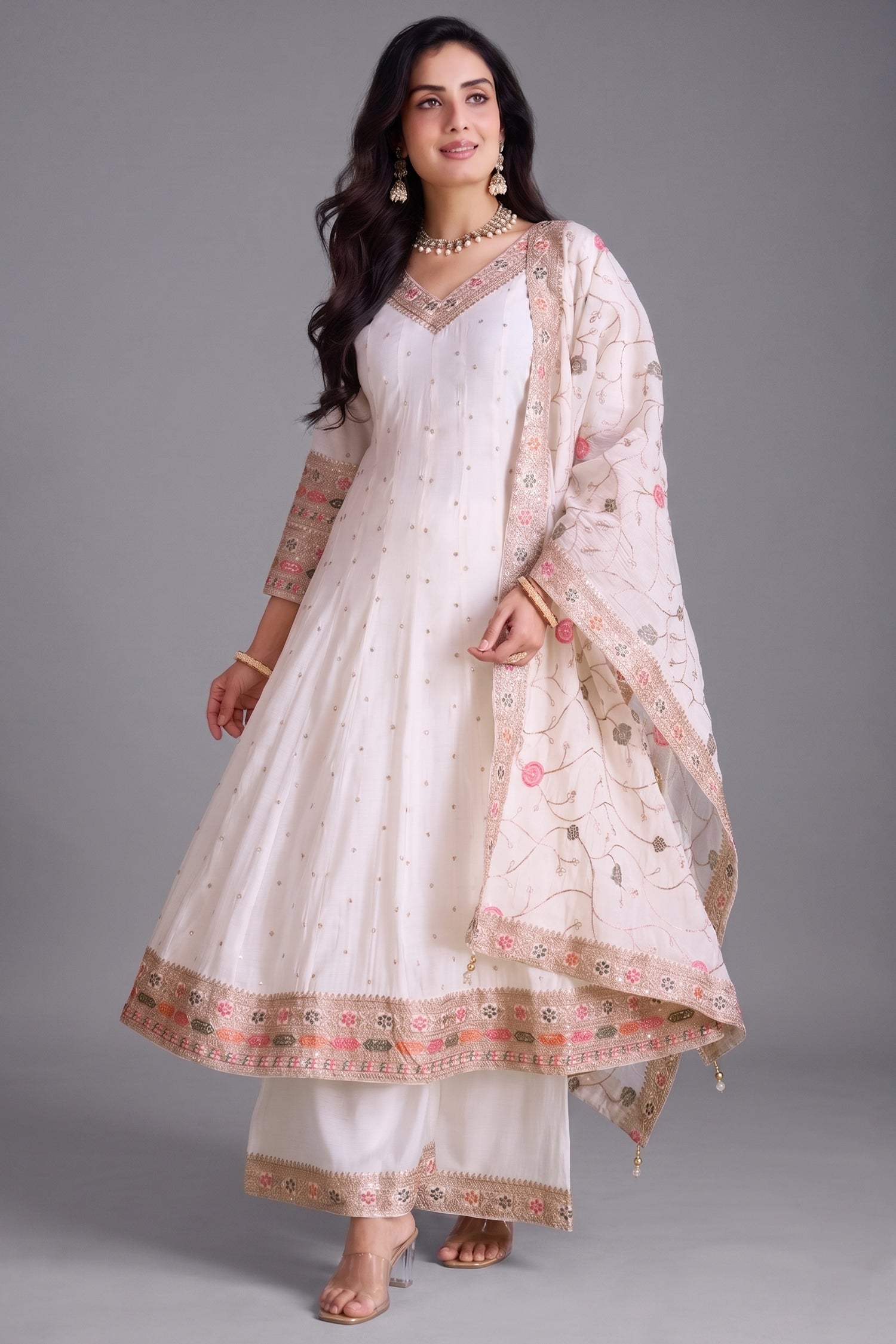 Pearl White Art Silk Anarkali Suit with Sequin and Embroidery Work Main image